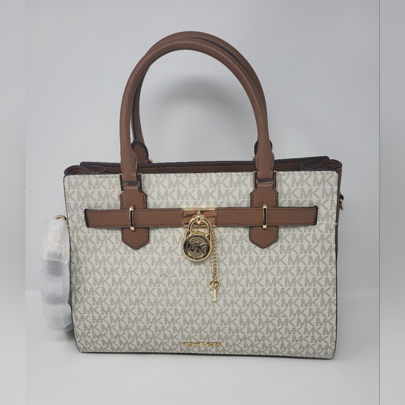 MICHAEL Michael Kors Handbags - Michael Kors Hamilton Medium Satchel Handbag Purse Vanilla Logo Print New